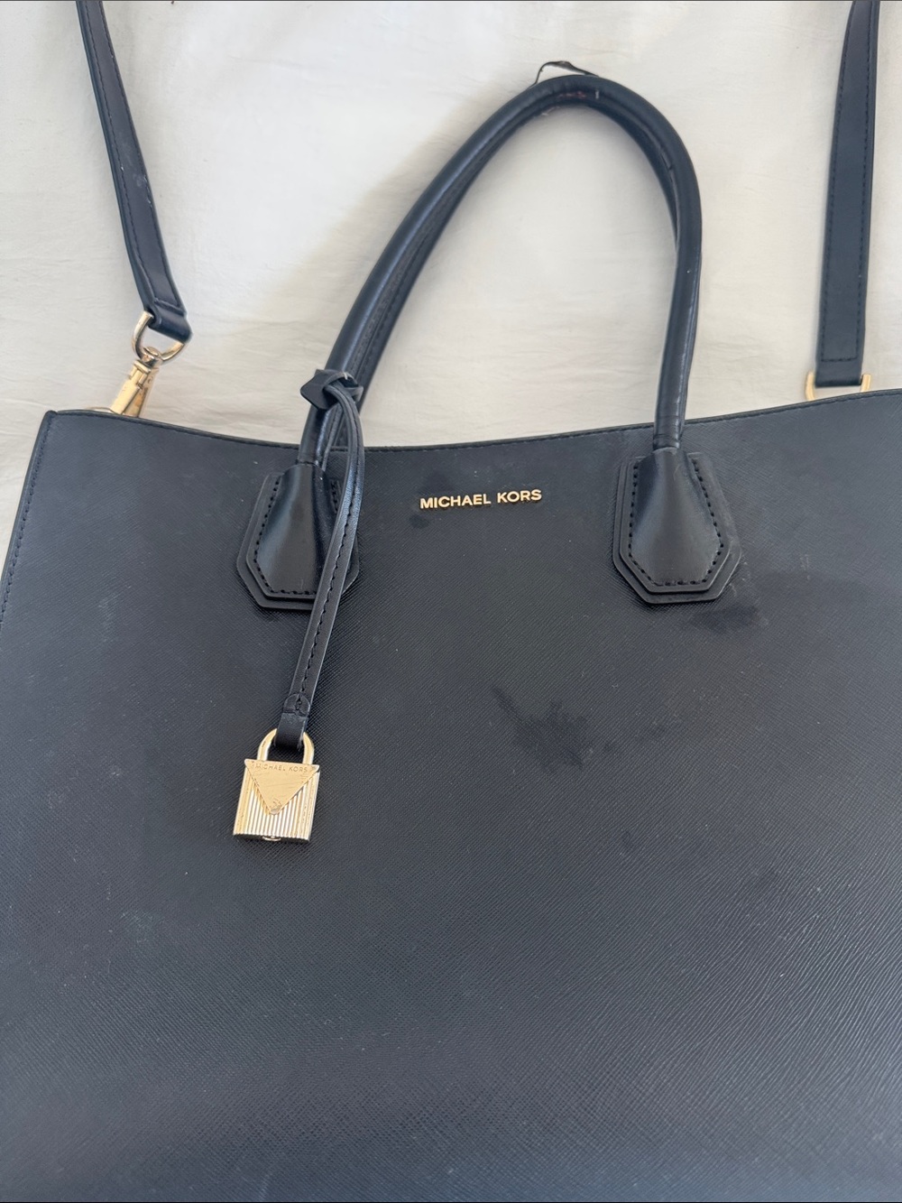 Michael Kors Black Leather Tote with Gold Padlock Accent